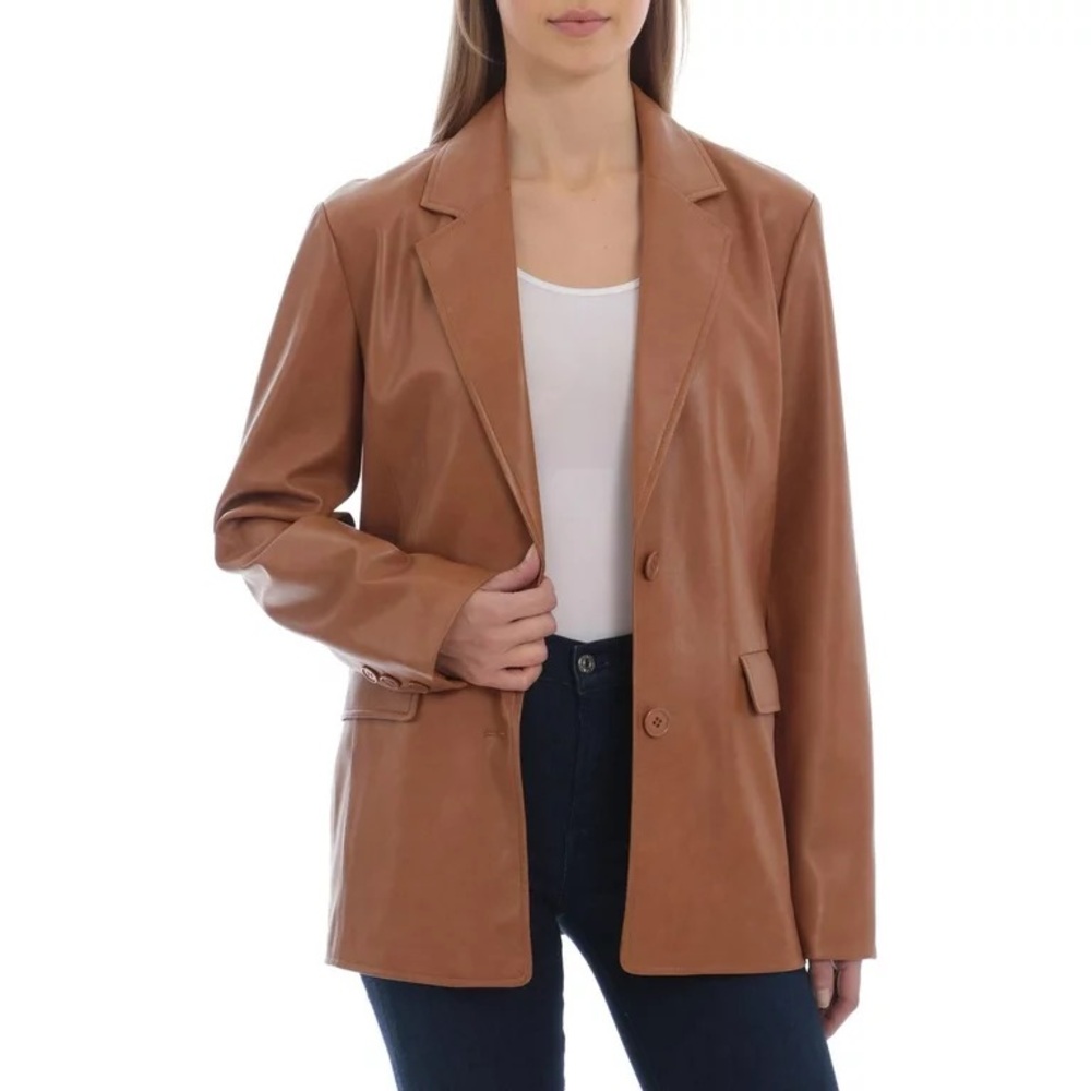 Avec Les Filles Women's Vegan Leather Blazer in Cognac XXS